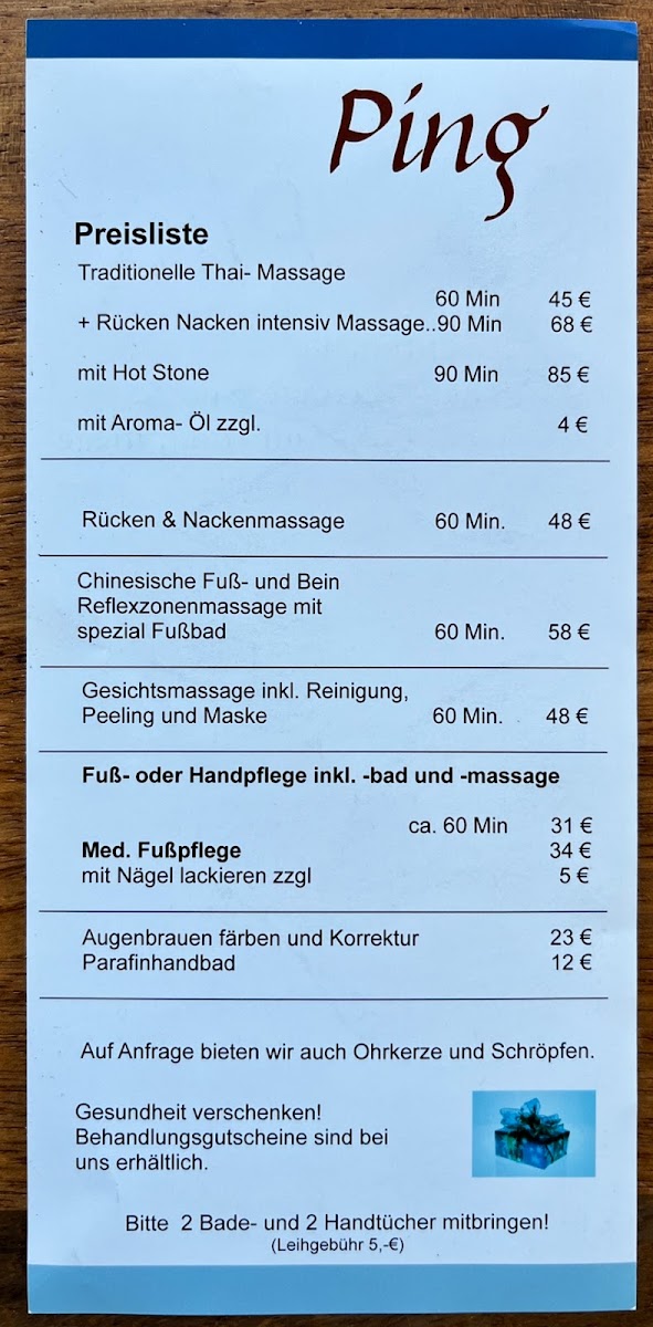 Original-Preisliste von Ping Thai-Massage